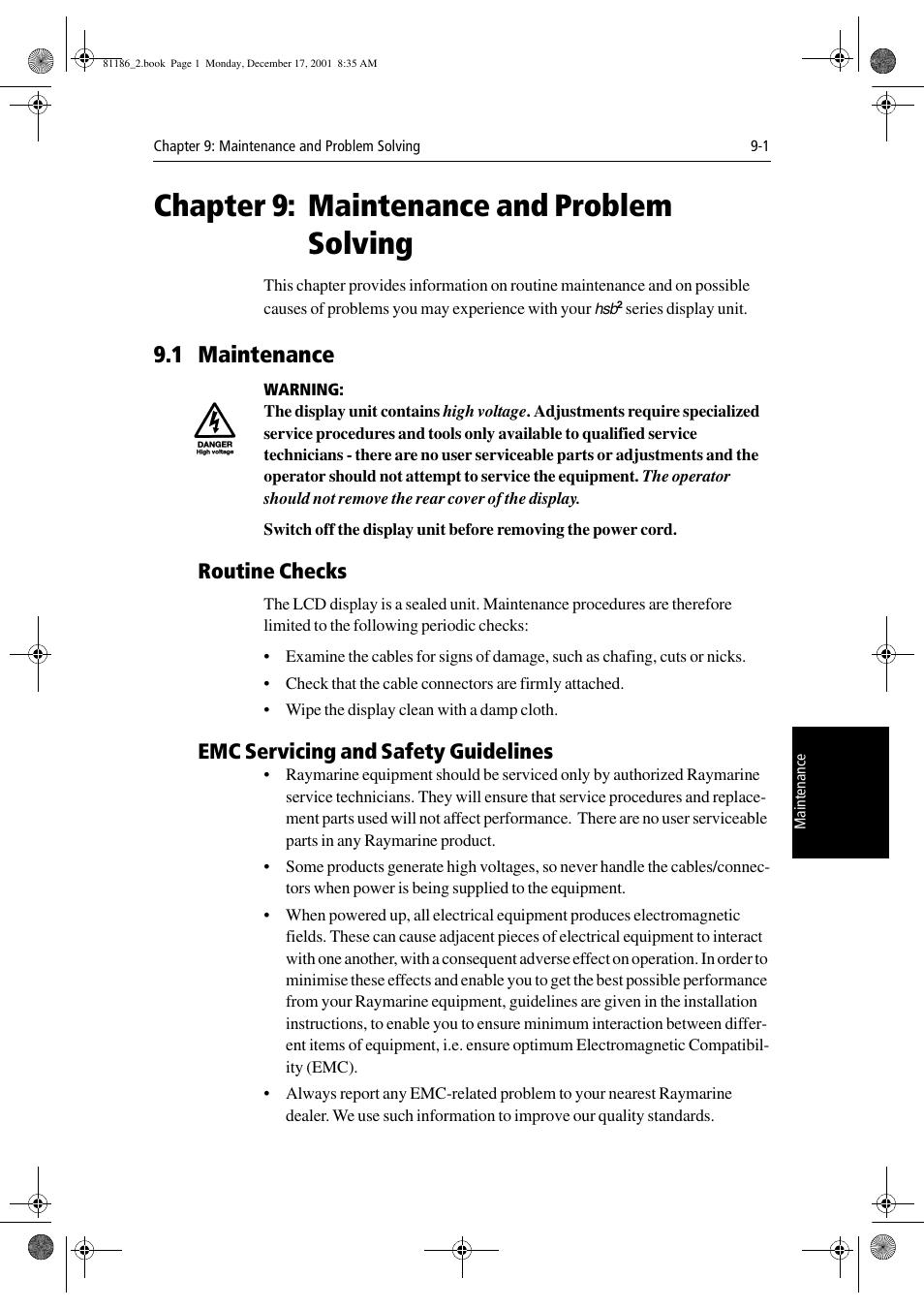 Chapter 9: maintenance and problem solving, 1 maintenance, Routine checks | Emc servicing and safety guidelines, Chapter 9, Maintenance and problem solving | Raymarine Pathfinder Radar User Manual | Page 207 / 244