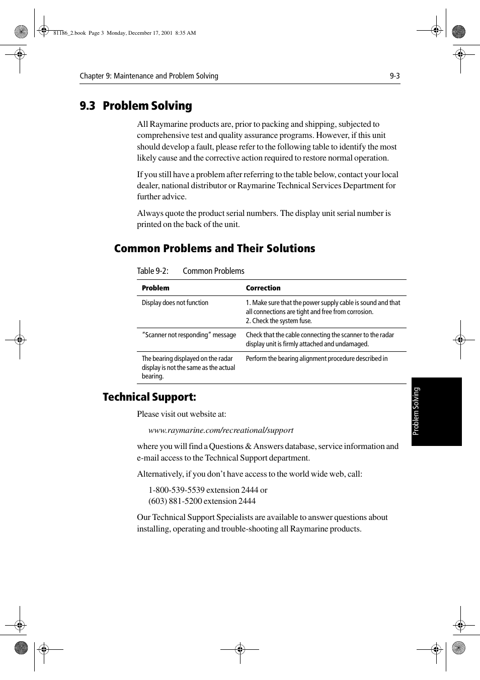 3 problem solving, Technical support, Common problems and their solutions | Raymarine Pathfinder Radar User Manual | Page 209 / 244