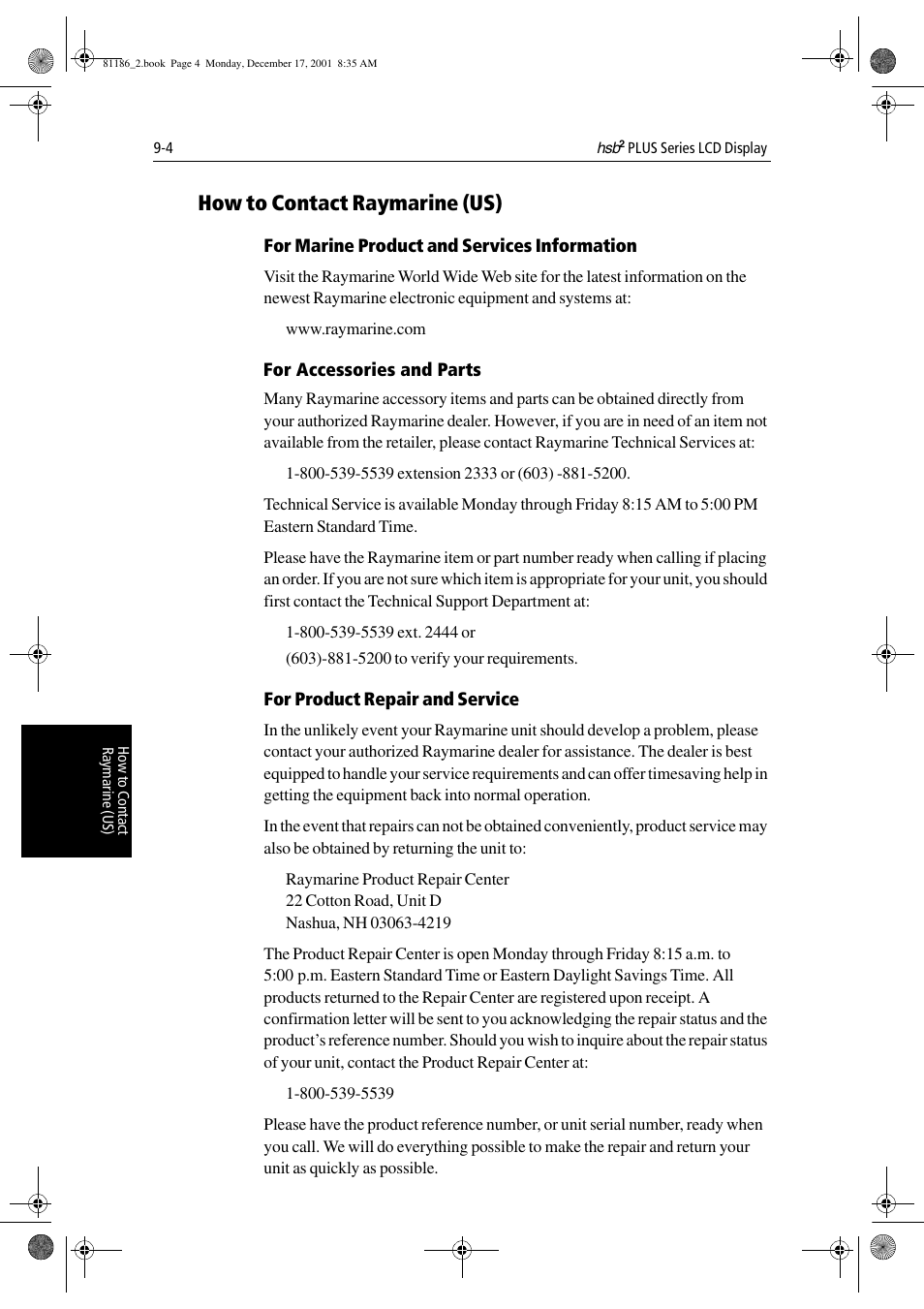 How to contact raymarine (us), For marine product and services information, For product repair and service | Raymarine Pathfinder Radar User Manual | Page 210 / 244