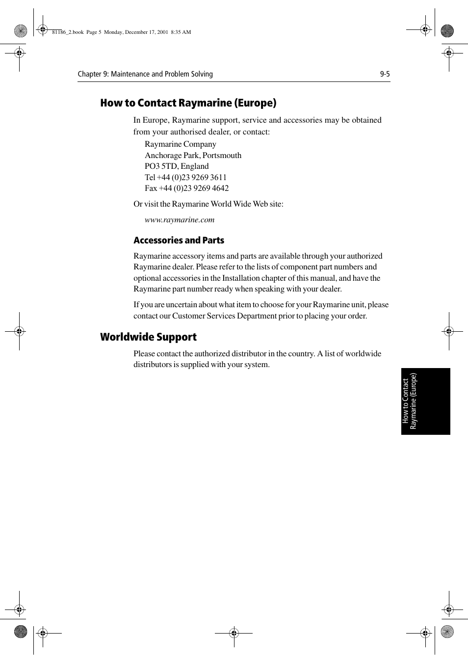 How to contact raymarine (europe), Accessories and parts, Worldwide support | Raymarine Pathfinder Radar User Manual | Page 211 / 244