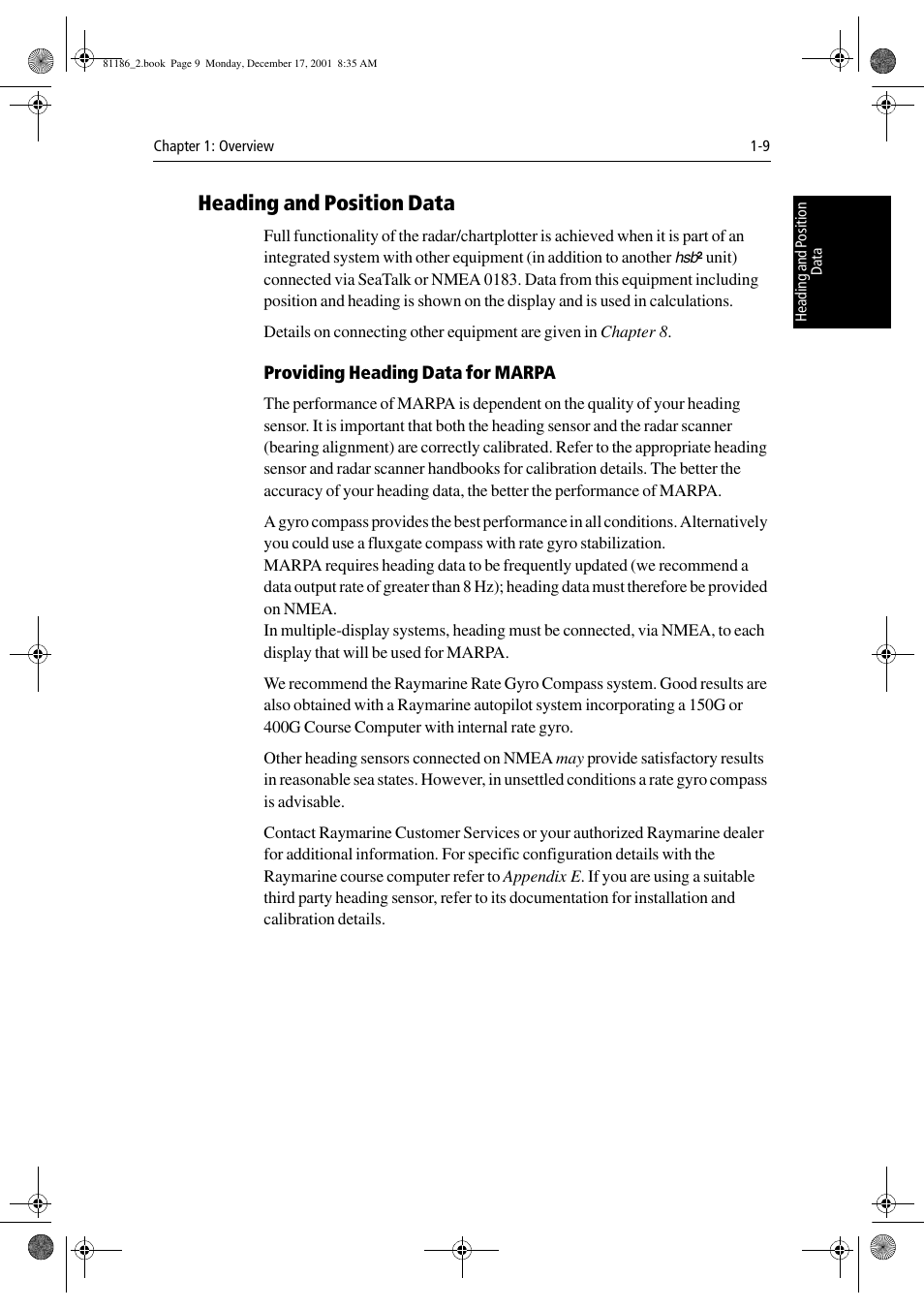 Heading and position data, Providing heading data for marpa | Raymarine Pathfinder Radar User Manual | Page 23 / 244