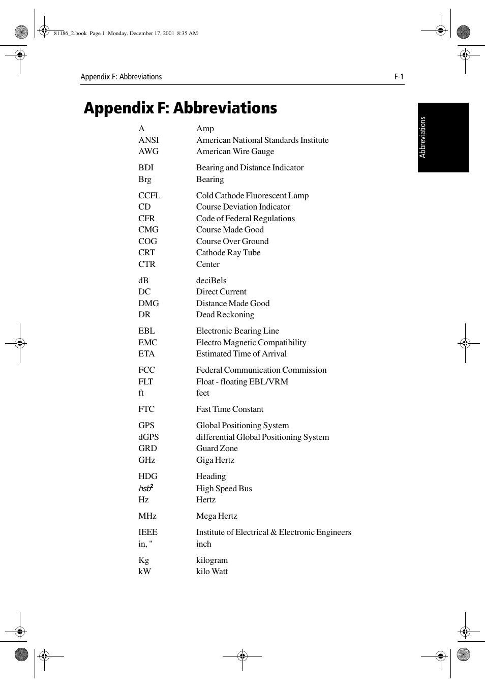 Appendix f: abbreviations, Appendix f | Raymarine Pathfinder Radar User Manual | Page 233 / 244