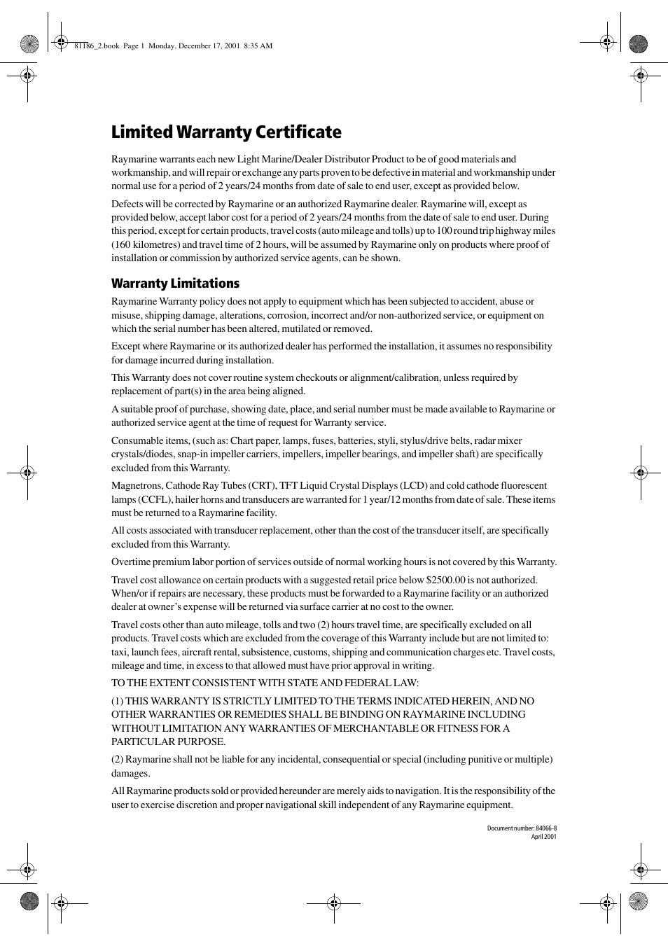 Limited warranty certificate, Warranty limitations | Raymarine Pathfinder Radar User Manual | Page 243 / 244