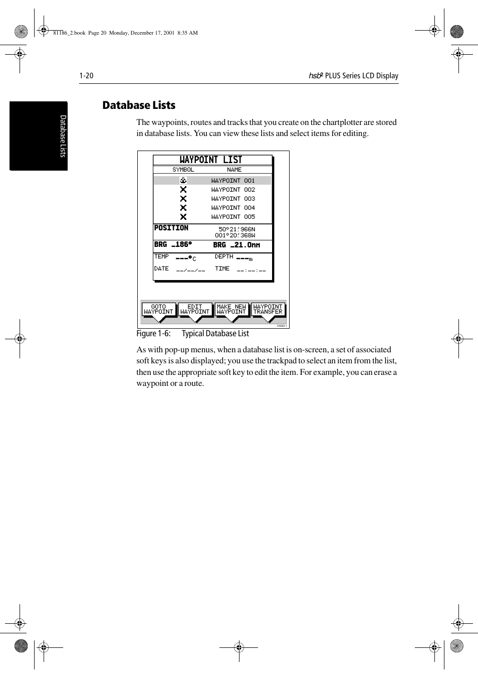 Database lists, Waypoint list | Raymarine Pathfinder Radar User Manual | Page 34 / 244