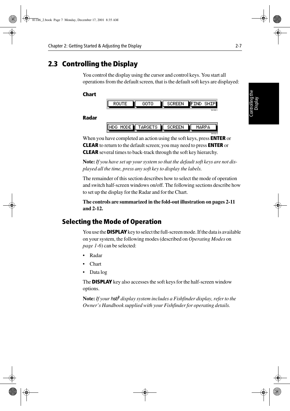3 controlling the display, Chart, Radar | Selecting the mode of operation | Raymarine Pathfinder Radar User Manual | Page 41 / 244