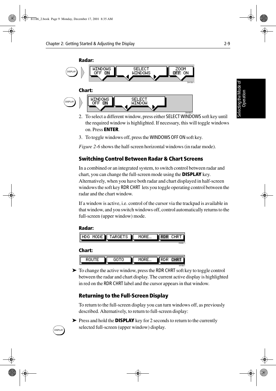 Radar, Chart, Switching control between radar & chart screens | Returning to the full-screen display | Raymarine Pathfinder Radar User Manual | Page 43 / 244
