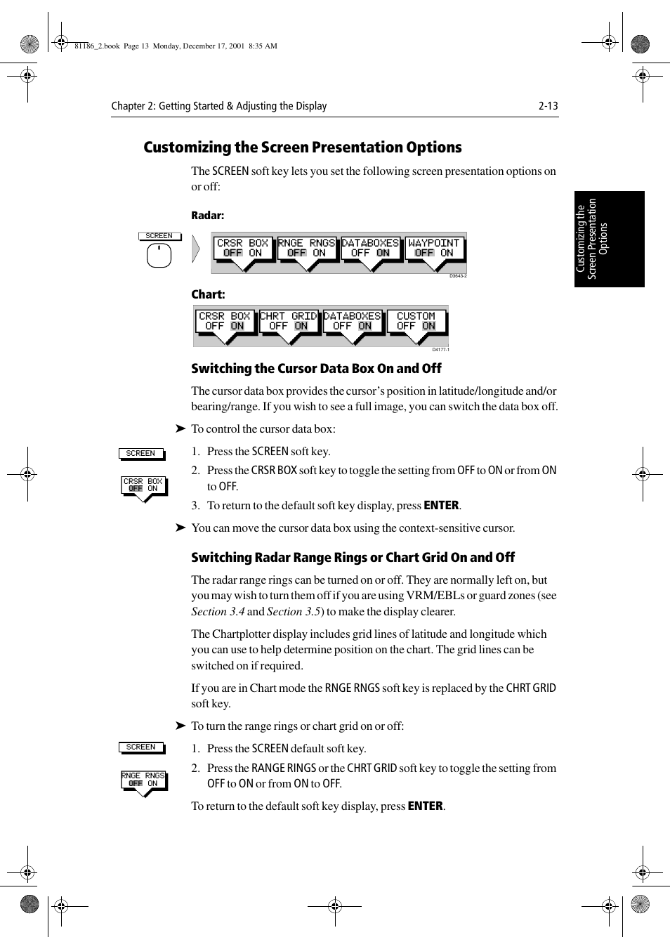 Customizing the screen presentation options, Radar, Chart | Switching the cursor data box on and off | Raymarine Pathfinder Radar User Manual | Page 47 / 244