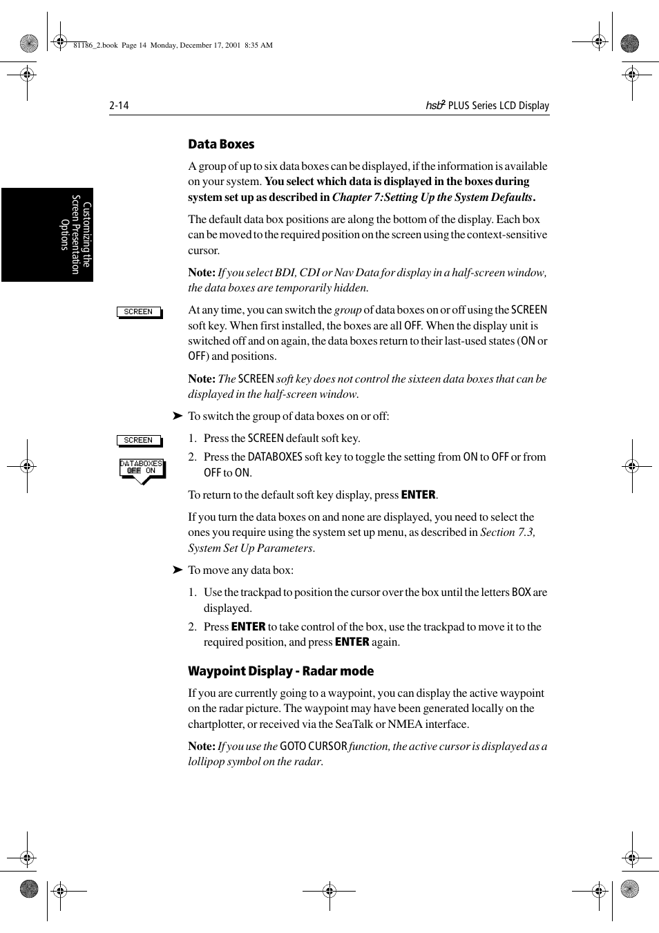 Data boxes, Waypoint display - radar mode | Raymarine Pathfinder Radar User Manual | Page 48 / 244