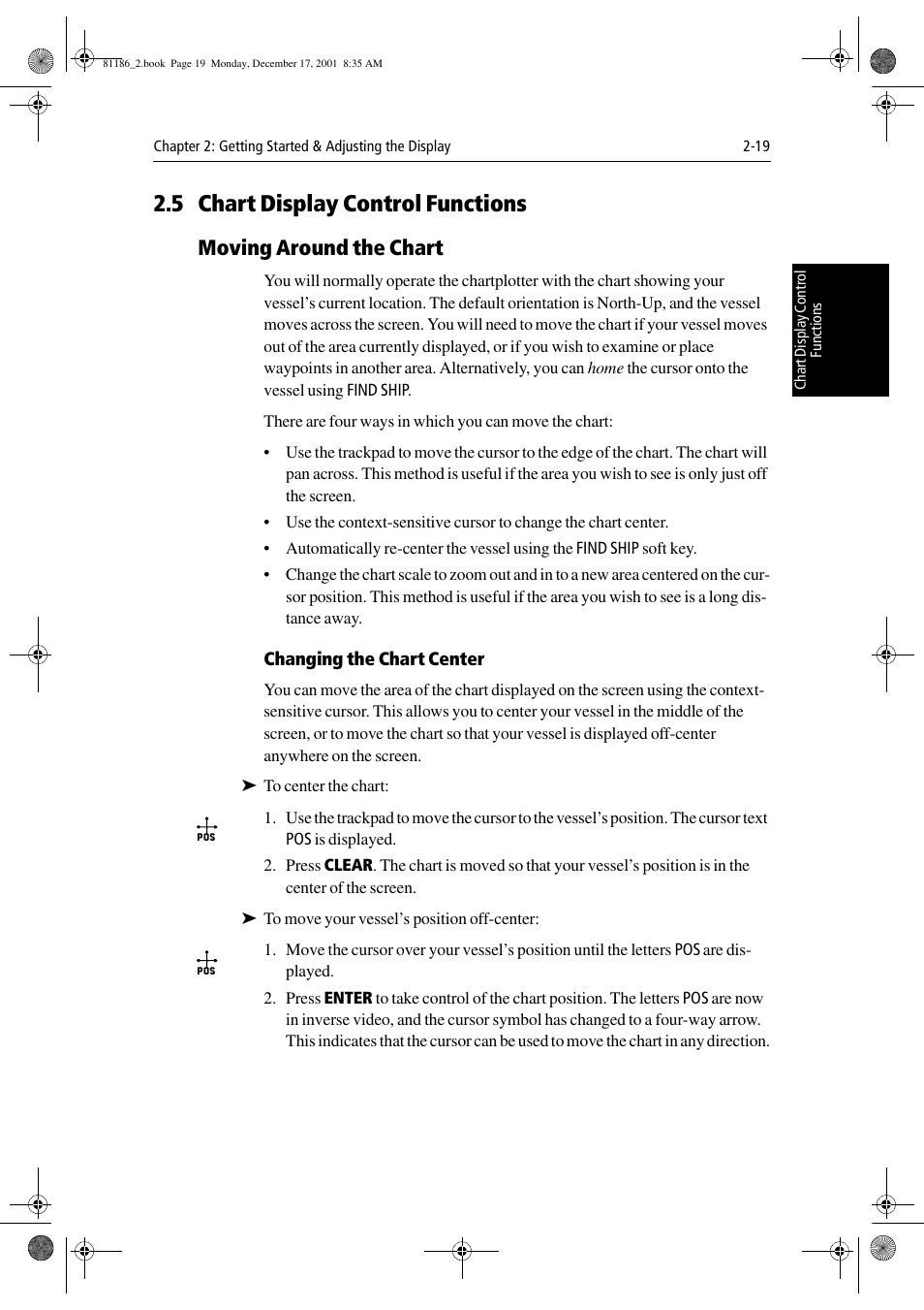 5 chart display control functions, Moving around the chart, Changing the chart center | Raymarine Pathfinder Radar User Manual | Page 53 / 244