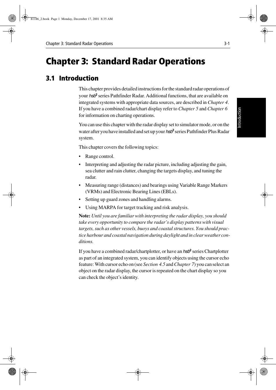 Chapter 3: standard radar operations, 1 introduction, Chapter 3 | Standard radar operations, Chapter 3:standard radar operations | Raymarine Pathfinder Radar User Manual | Page 67 / 244