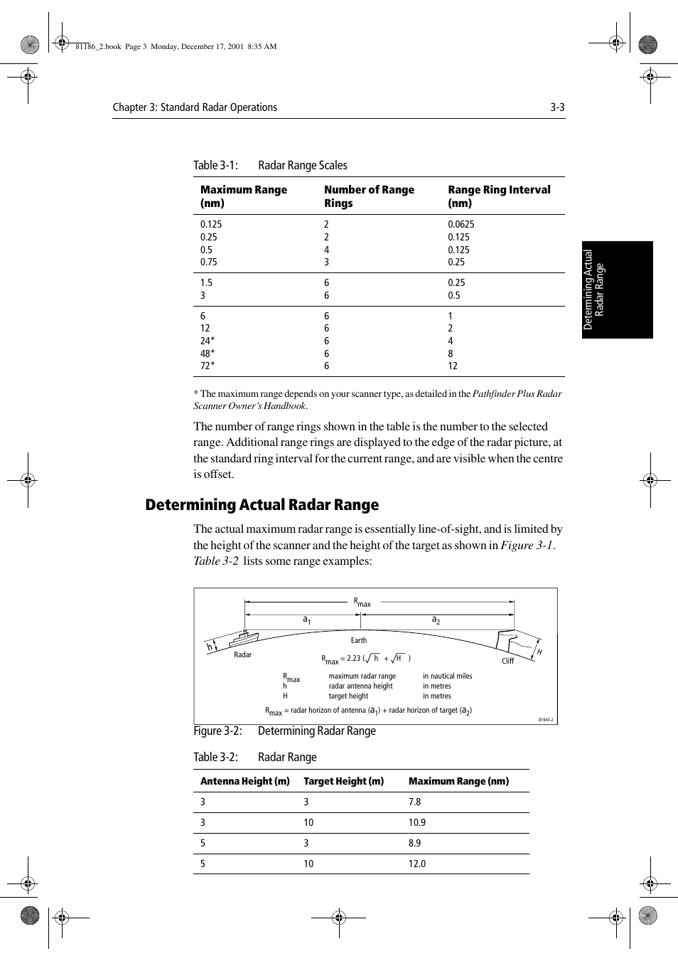 Determining actual radar range, Table 3-2: radar range | Raymarine Pathfinder Radar User Manual | Page 69 / 244