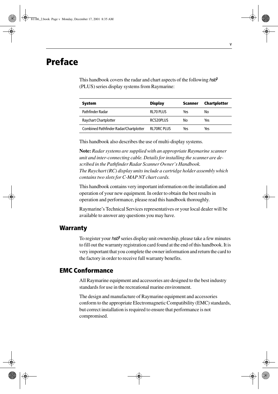 Preface, Warranty, Emc conformance | Raymarine Pathfinder Radar User Manual | Page 7 / 244