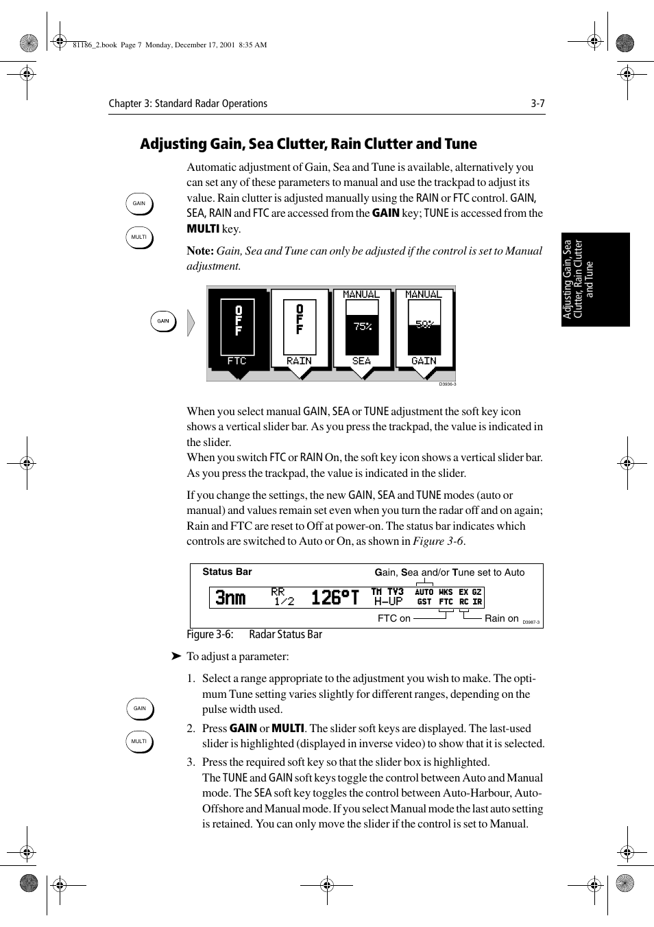 Adjusting gain, sea clutter, rain clutter and tune, 3nm 126°t | Raymarine Pathfinder Radar User Manual | Page 73 / 244