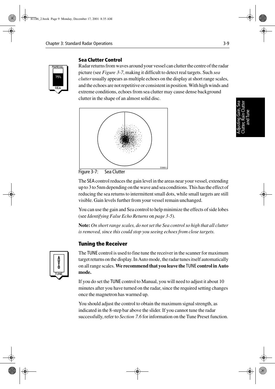Sea clutter control, Tuning the receiver | Raymarine Pathfinder Radar User Manual | Page 75 / 244