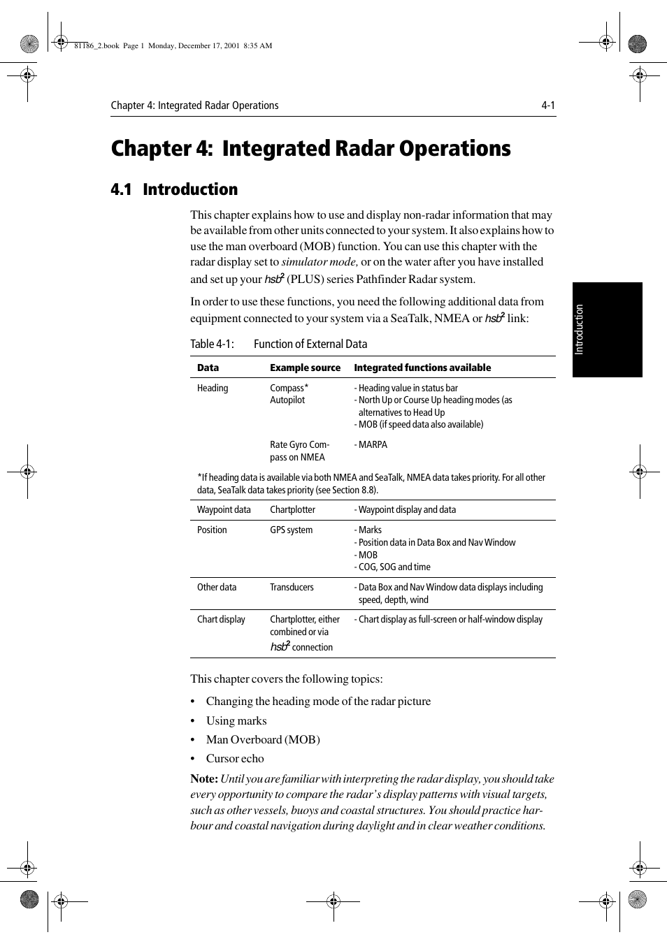 Chapter 4: integrated radar operations, 1 introduction, Chapter 4 | Integrated radar operations, D chapter 4:integrated radar operations, Chapter 4 . char | Raymarine Pathfinder Radar User Manual | Page 95 / 244
