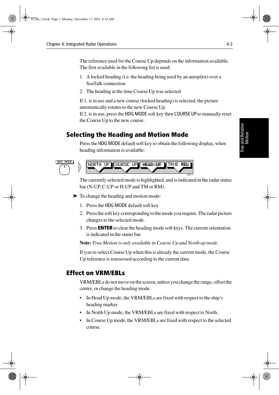 Selecting the heading and motion mode, Effect on vrm/ebls | Raymarine Pathfinder Radar User Manual | Page 97 / 244