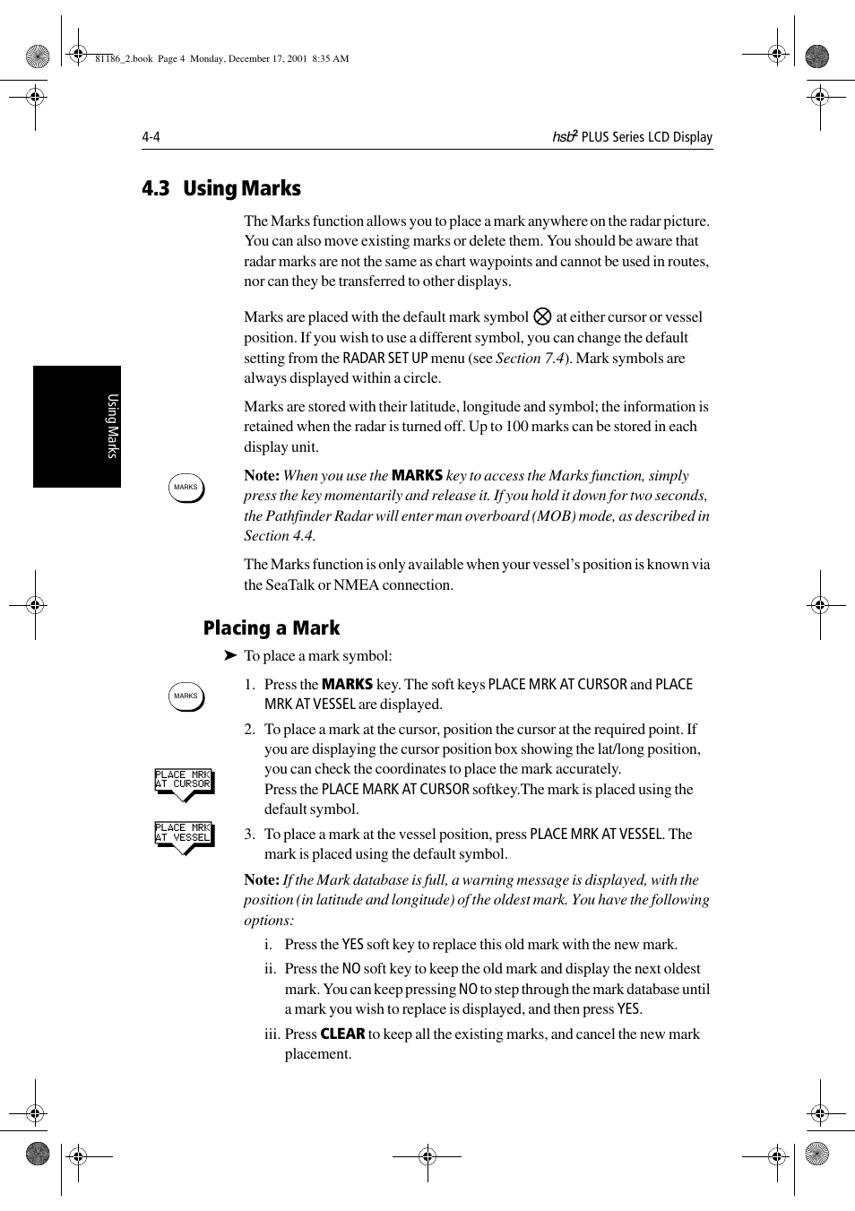 3 using marks, Placing a mark | Raymarine Pathfinder Radar User Manual | Page 98 / 244
