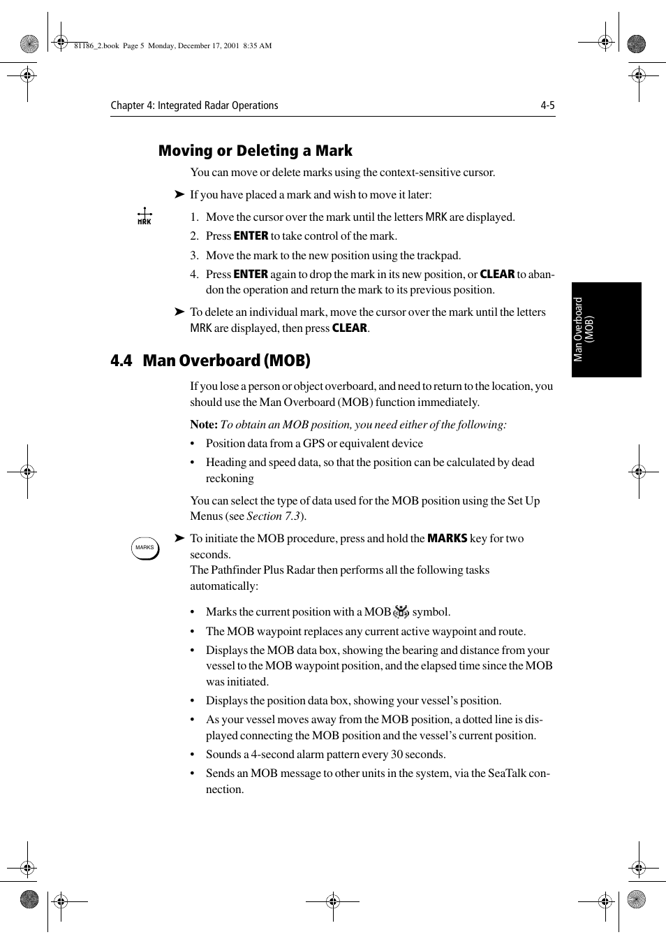 4 man overboard (mob), Moving or deleting a mark | Raymarine Pathfinder Radar User Manual | Page 99 / 244