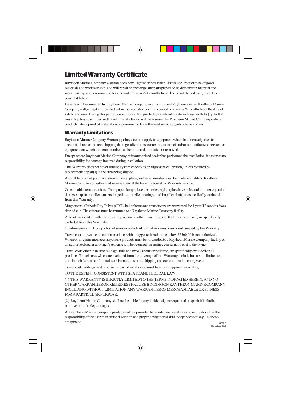 Limited warranty certificate, Warranty limitations | Raymarine autopilot control unit User Manual | Page 106 / 111