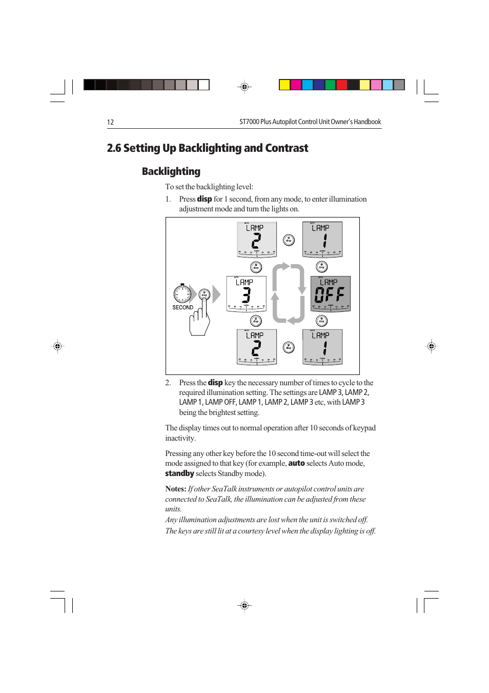 6 setting up backlighting and contrast, Backlighting | Raymarine autopilot control unit User Manual | Page 29 / 111