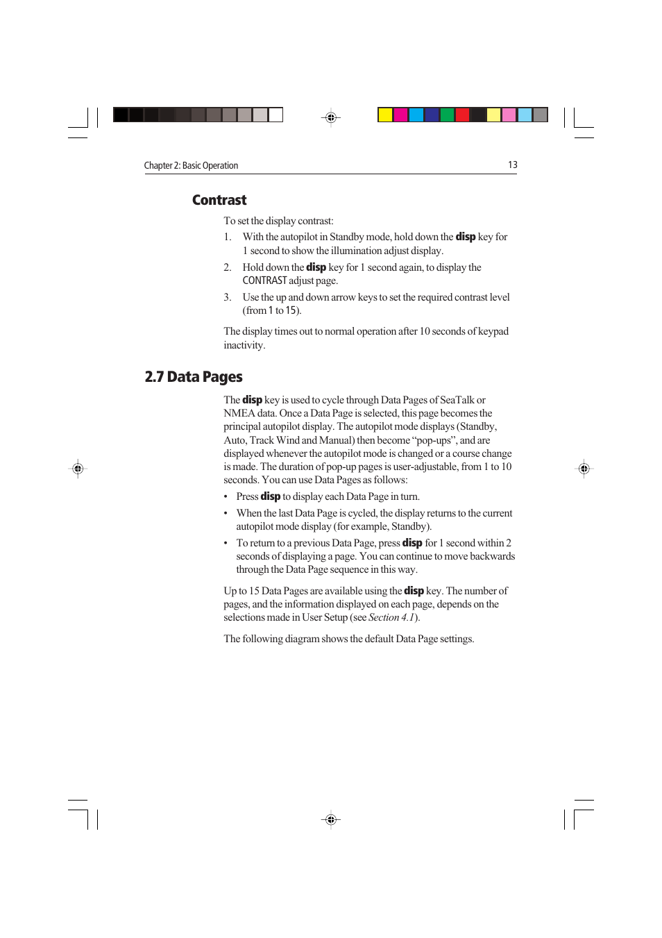 7 data pages, Contrast | Raymarine autopilot control unit User Manual | Page 30 / 111