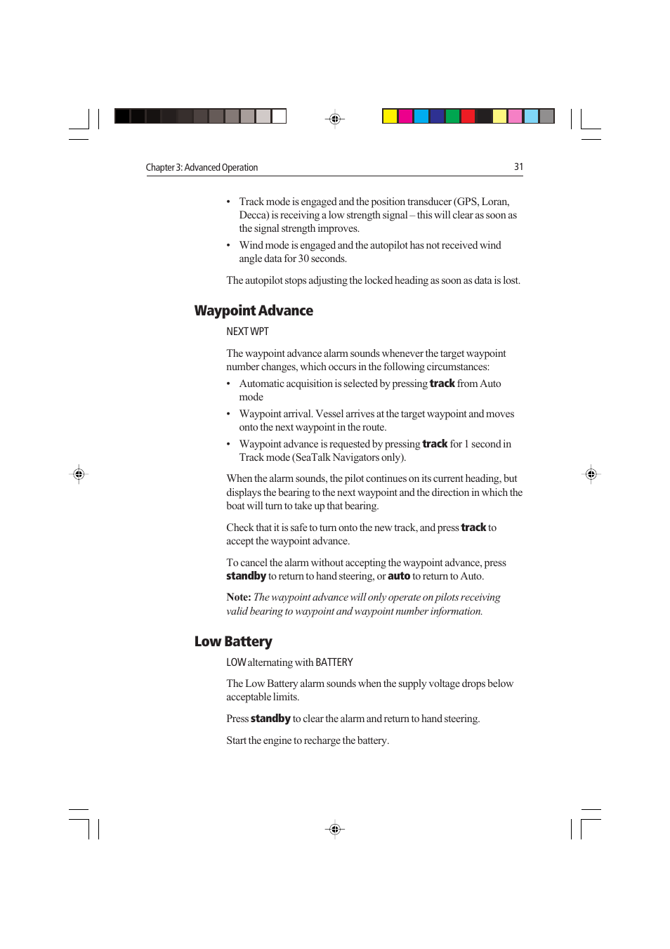 Waypoint advance, Low battery | Raymarine autopilot control unit User Manual | Page 48 / 111