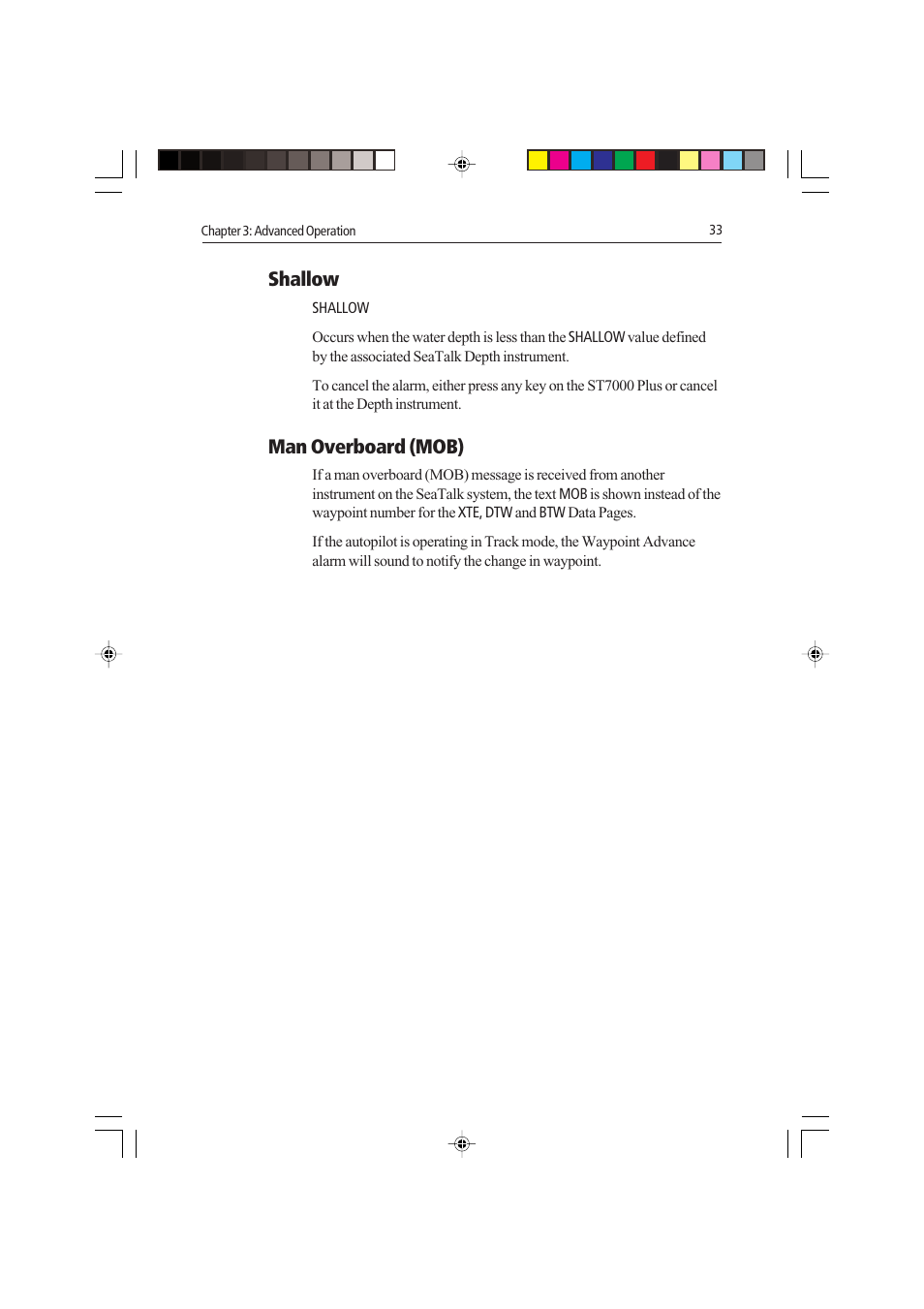Shallow, Man overboard (mob) | Raymarine autopilot control unit User Manual | Page 50 / 111