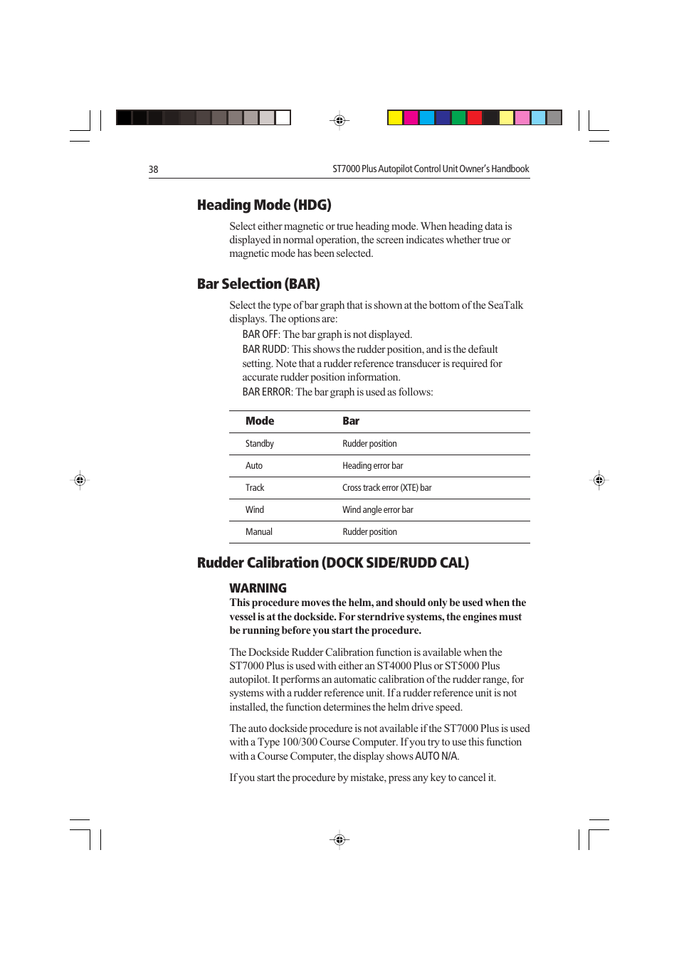 Heading mode (hdg), Bar selection (bar), Rudder calibration (dock side/rudd cal) | Raymarine autopilot control unit User Manual | Page 55 / 111
