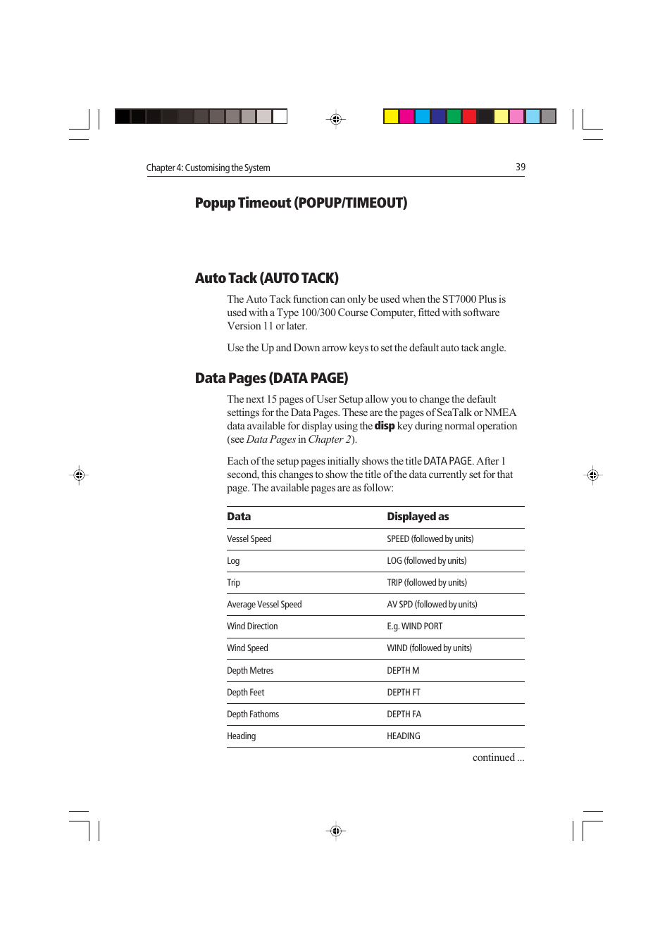 Popup timeout (popup/timeout), Auto tack (auto tack), Data pages (data page) | Raymarine autopilot control unit User Manual | Page 56 / 111
