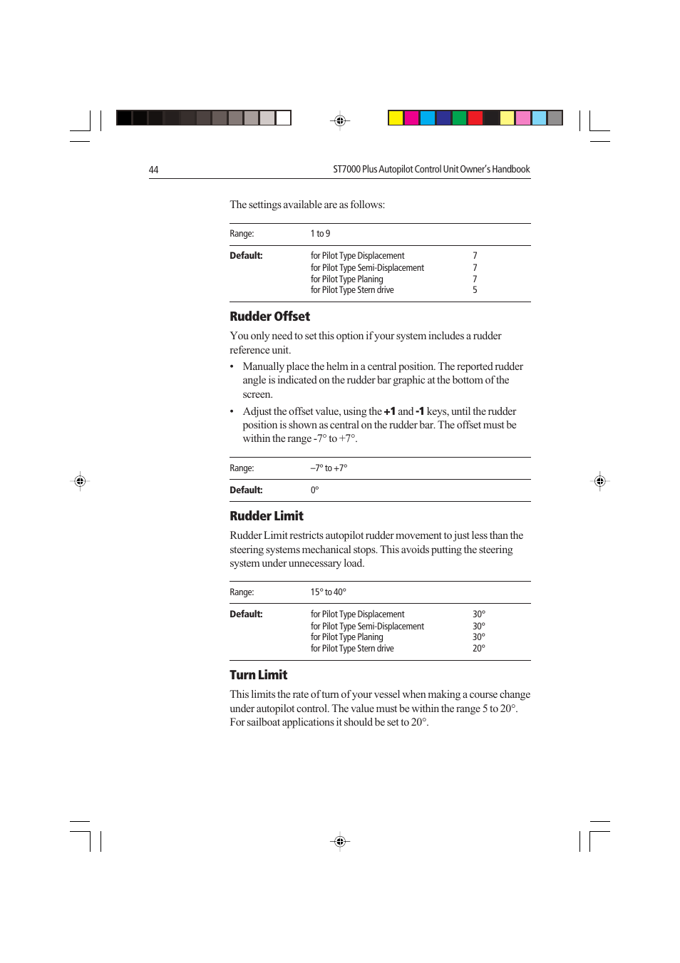 Rudder offset, Rudder limit, Turn limit | Raymarine autopilot control unit User Manual | Page 61 / 111