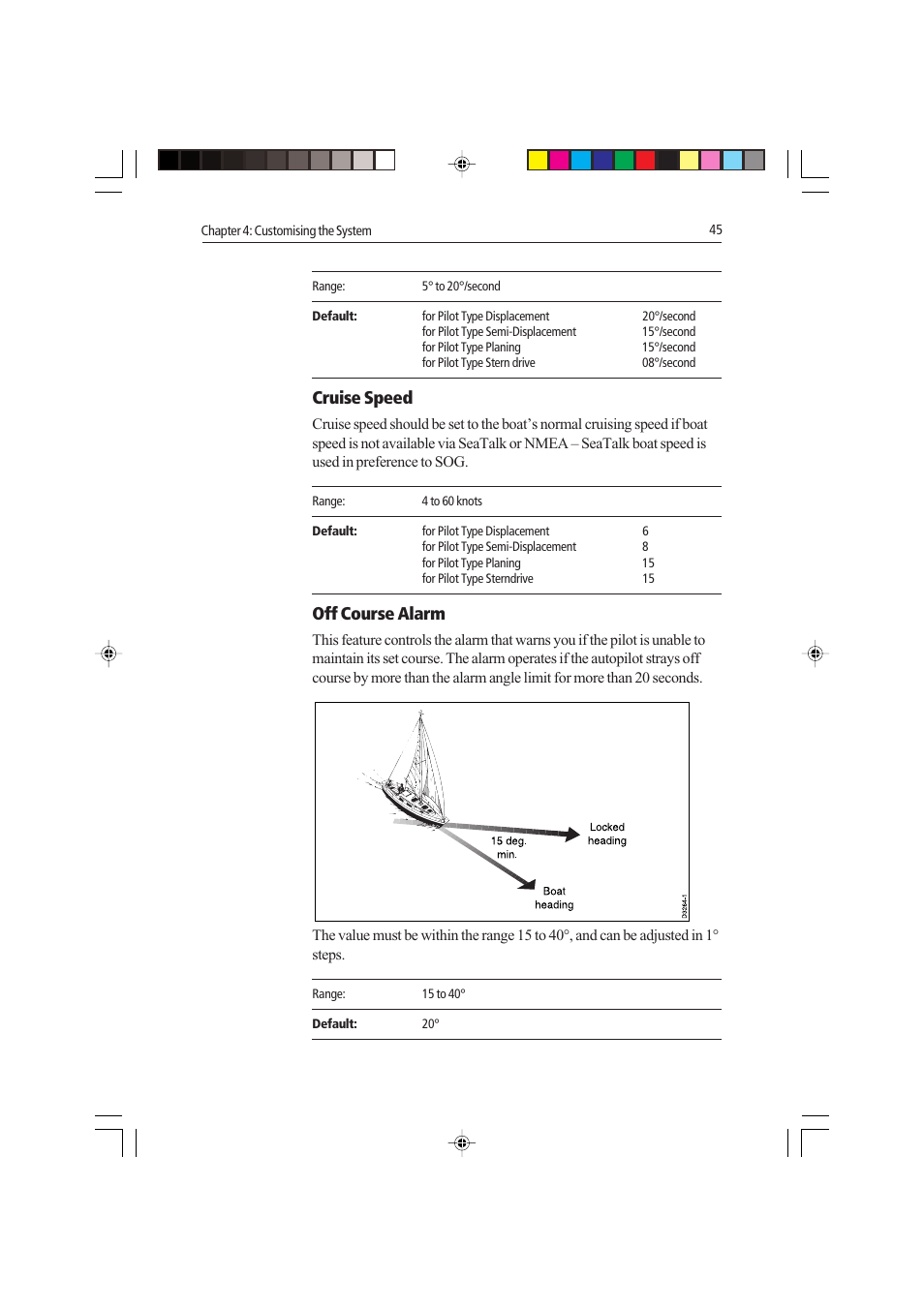 Cruise speed, Off course alarm | Raymarine autopilot control unit User Manual | Page 62 / 111