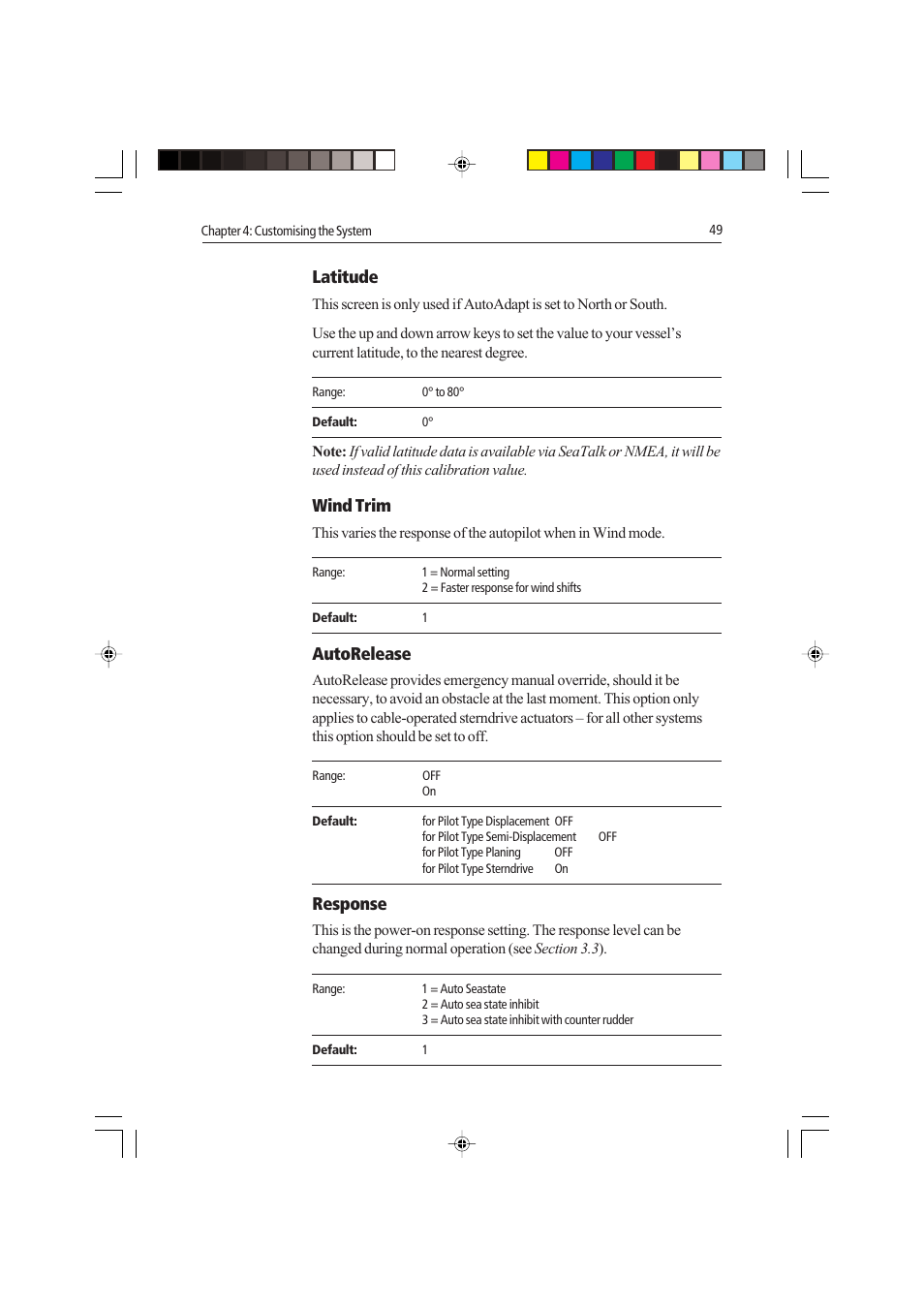 Latitude, Wind trim, Autorelease | Response | Raymarine autopilot control unit User Manual | Page 66 / 111