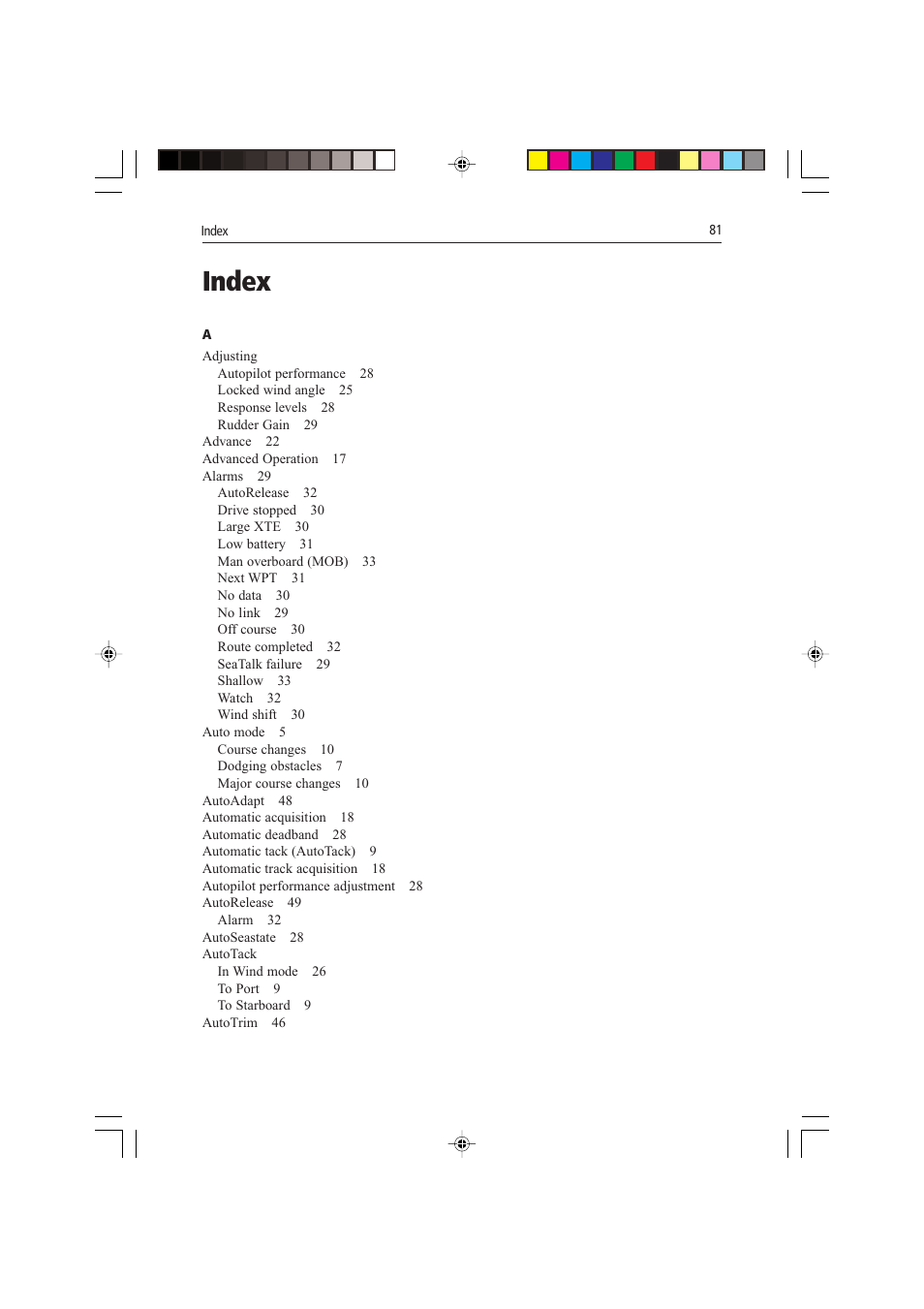 Index | Raymarine autopilot control unit User Manual | Page 98 / 111