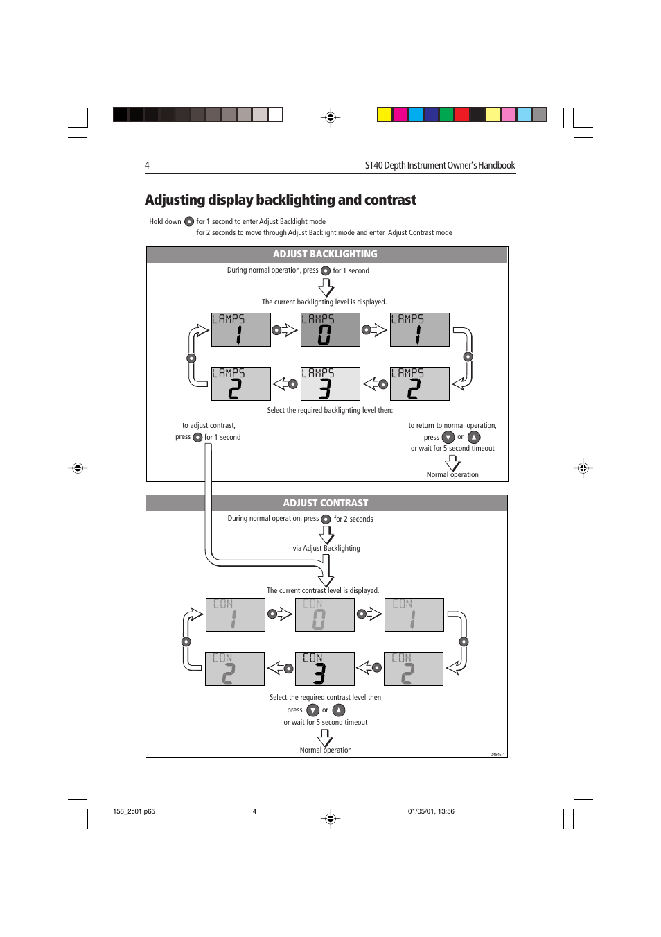 Adjusting display backlighting and contrast | Raymarine ST40 User Manual | Page 13 / 47