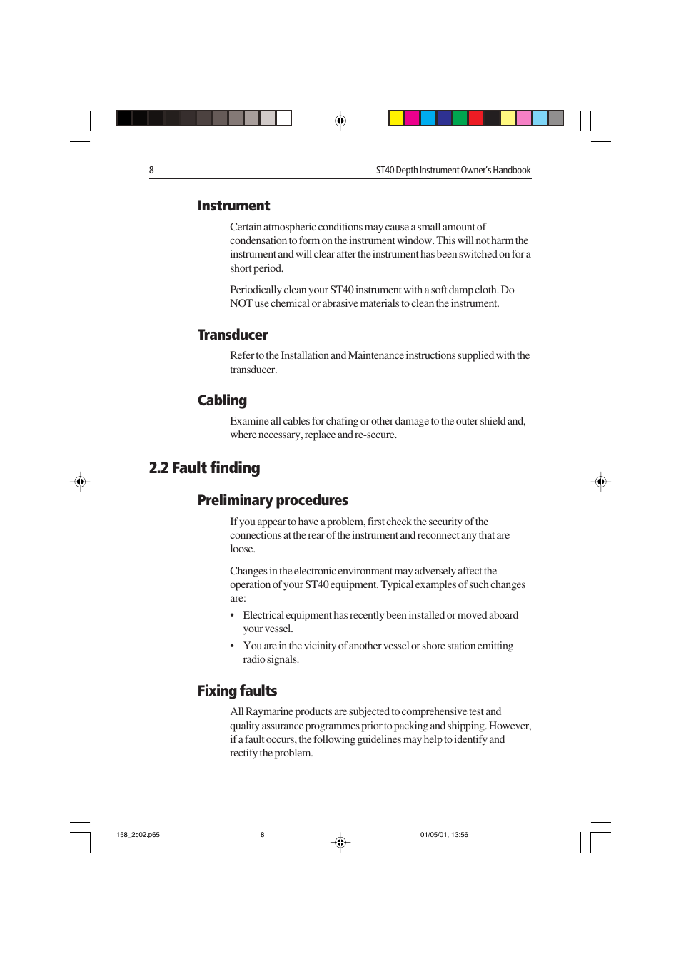 2 fault finding, Instrument, Transducer | Cabling, Preliminary procedures, Fixing faults | Raymarine ST40 User Manual | Page 17 / 47