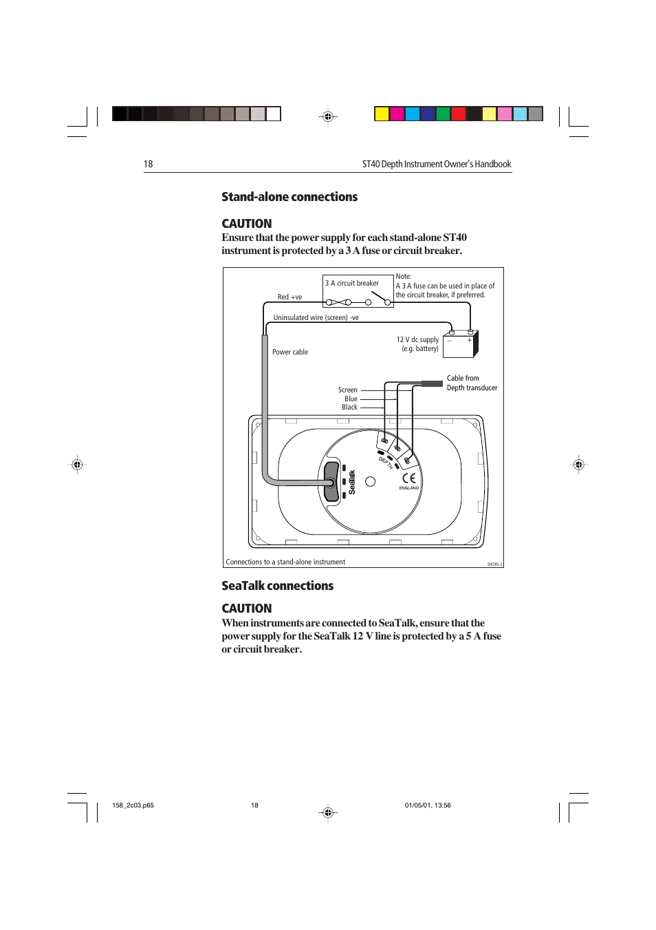 Stand-alone connections caution, Seatalk connections caution | Raymarine ST40 User Manual | Page 27 / 47