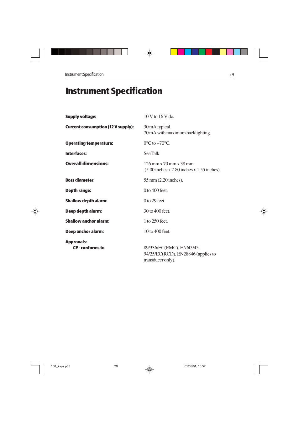Instrument specification | Raymarine ST40 User Manual | Page 38 / 47