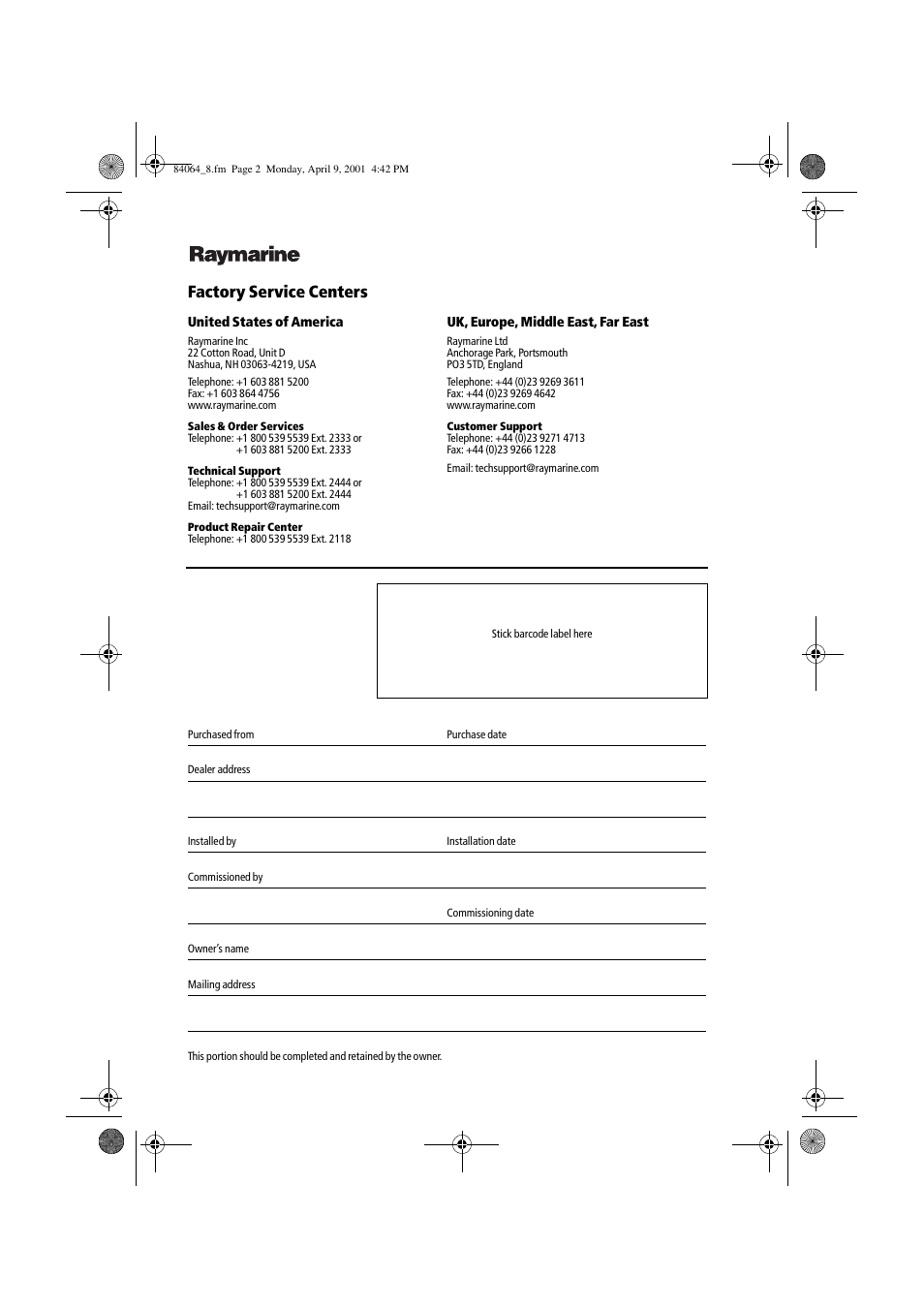 Factory service centers | Raymarine ST40 User Manual | Page 47 / 47