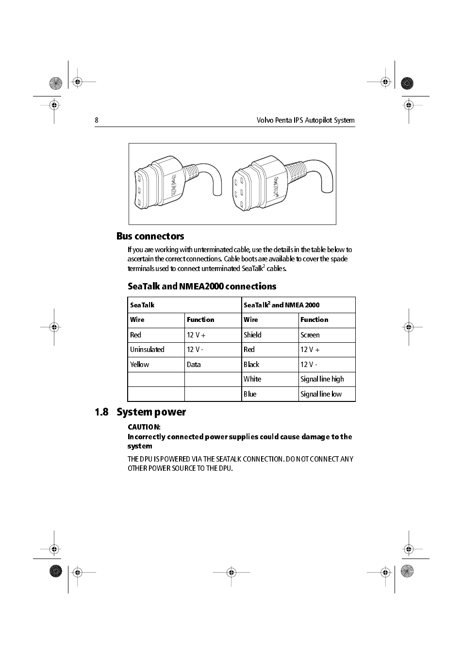 Bus connectors, Seatalk and nmea2000 connections, 8 system power | Raymarine VolvoPenta IPS Autopilot System DPU User Manual | Page 8 / 16