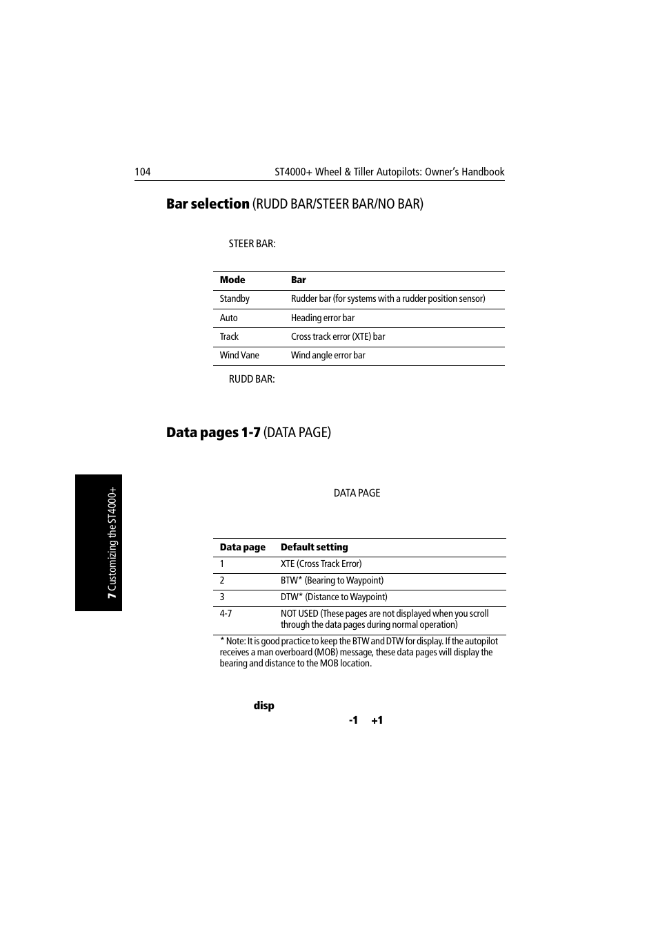 Bar selection (rudd bar/steer bar/no bar), Data pages 1-7 (data page) | Raymarine autopilot + ST4000+ User Manual | Page 119 / 145