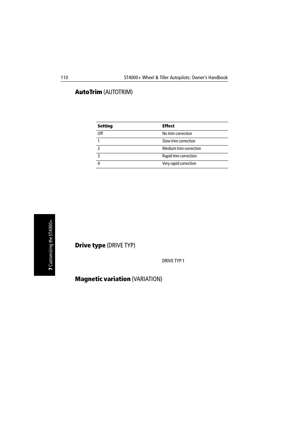 Autotrim (autotrim), Drive type (drive typ), Magnetic variation (variation) | Raymarine autopilot + ST4000+ User Manual | Page 125 / 145