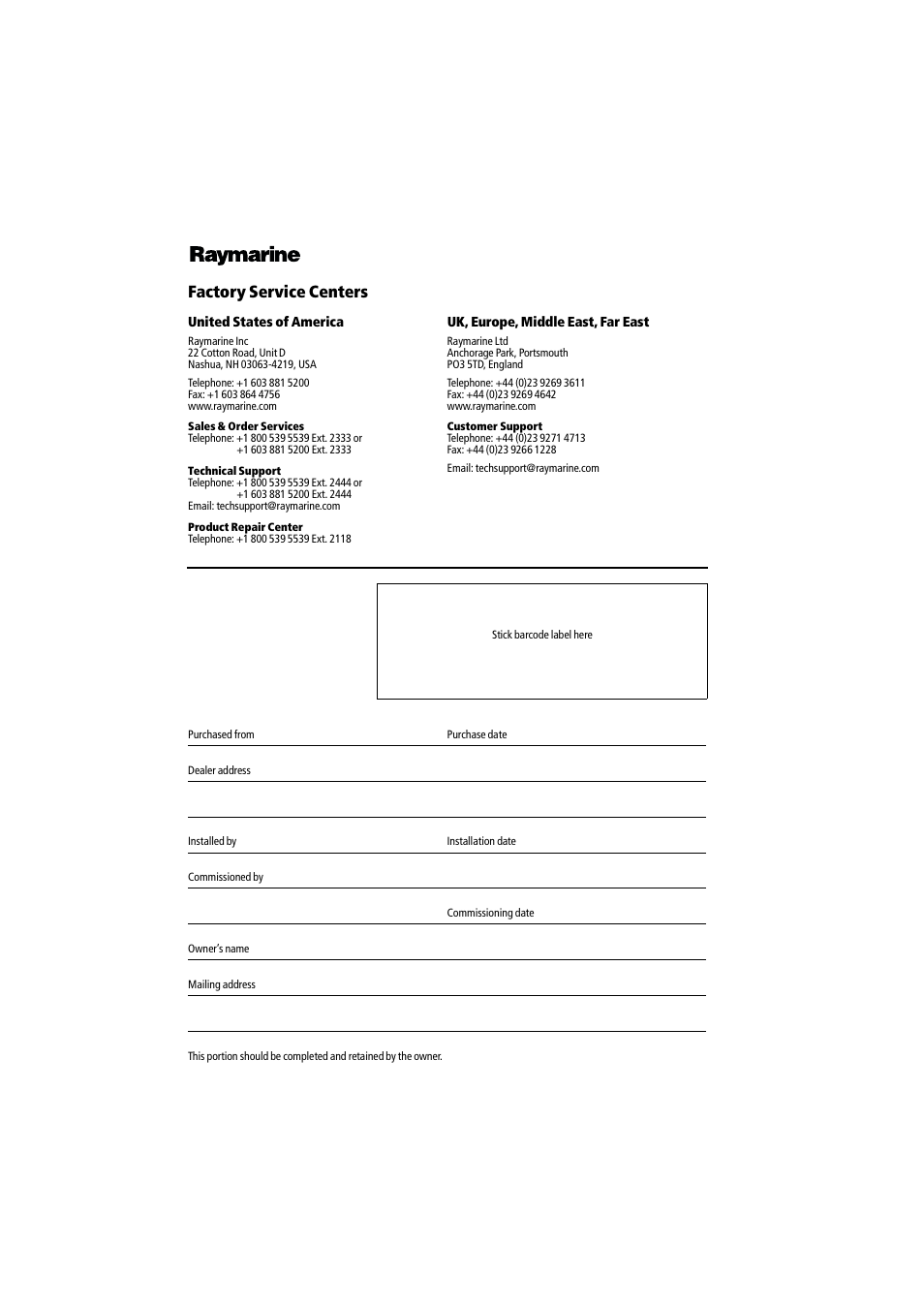 Factory service centers | Raymarine autopilot + ST4000+ User Manual | Page 145 / 145