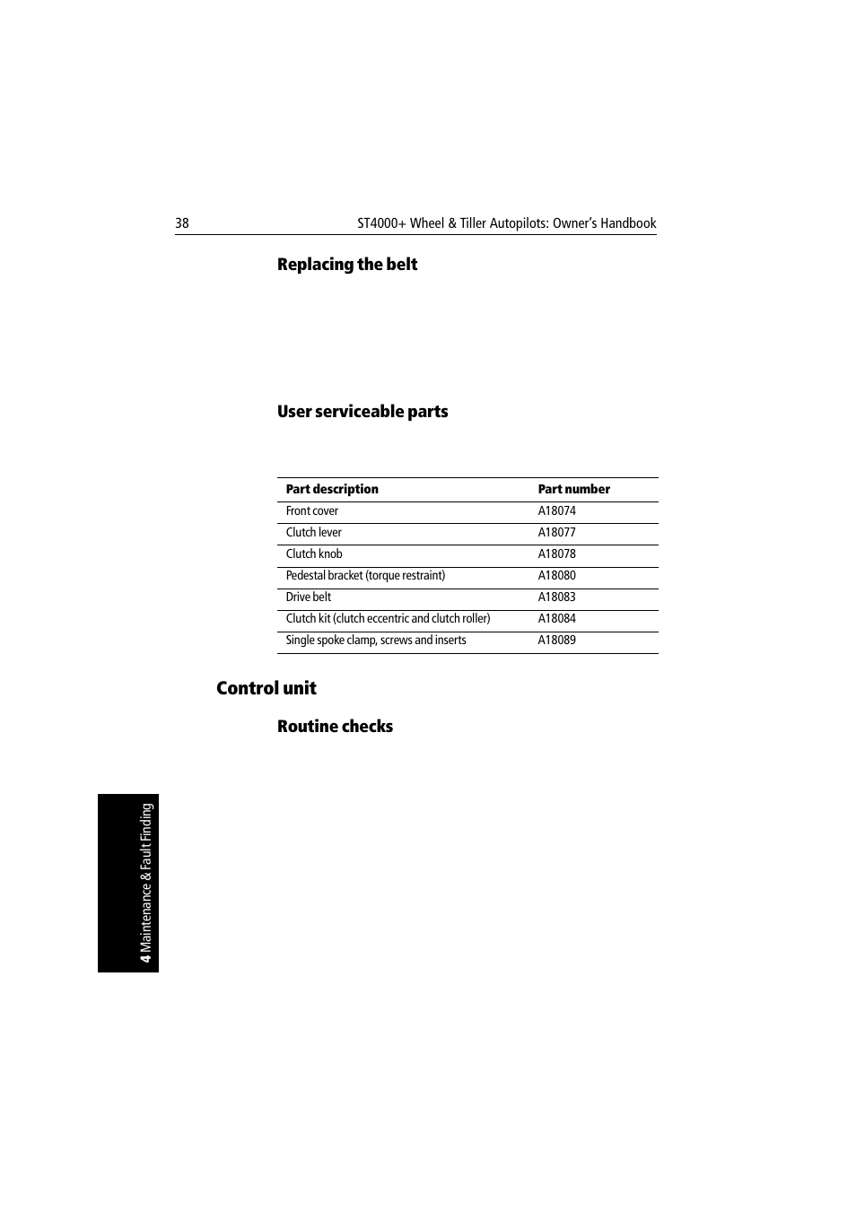 Replacing the belt, User serviceable parts, Control unit | Routine checks | Raymarine autopilot + ST4000+ User Manual | Page 53 / 145