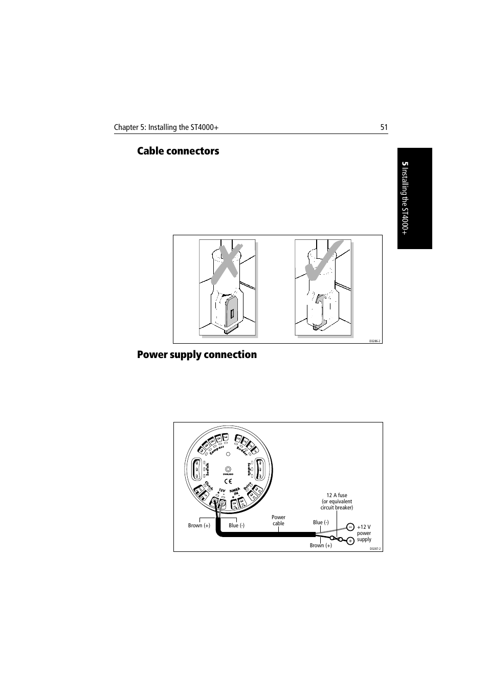 Cable connectors, Power supply connection, Cable connectors power supply connection | Raymarine autopilot + ST4000+ User Manual | Page 66 / 145