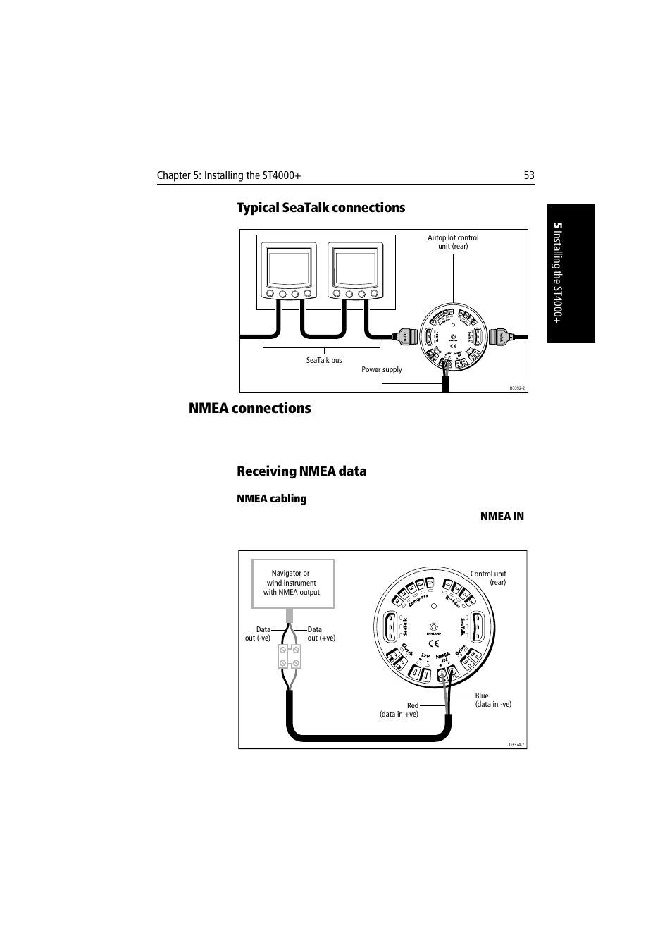 Typical seatalk connections, Nmea connections, Receiving nmea data | Nmea cabling | Raymarine autopilot + ST4000+ User Manual | Page 68 / 145