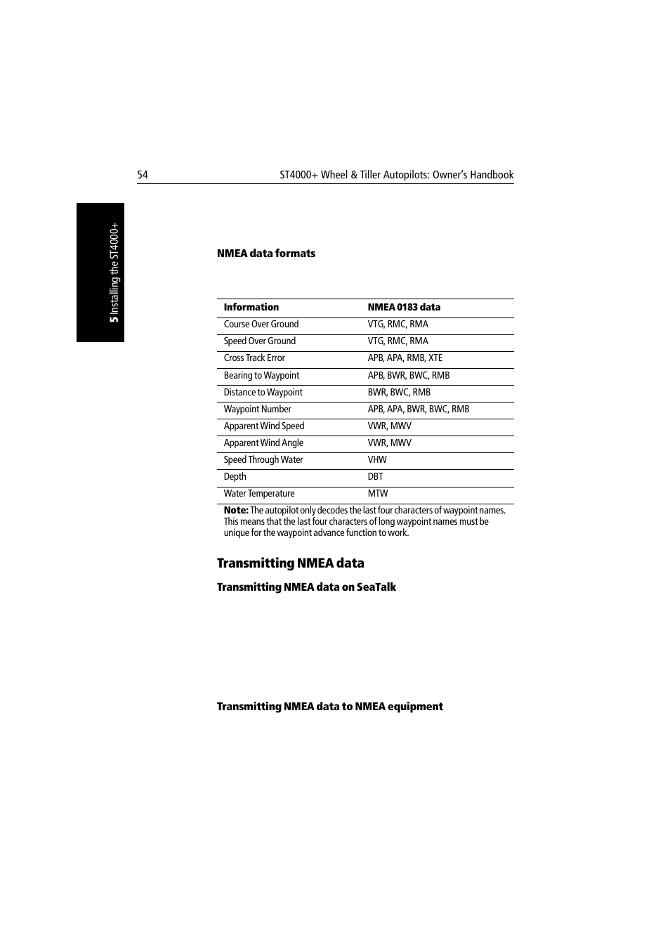 Nmea data formats, Transmitting nmea data, Transmitting nmea data on seatalk | Transmitting nmea data to nmea equipment | Raymarine autopilot + ST4000+ User Manual | Page 69 / 145