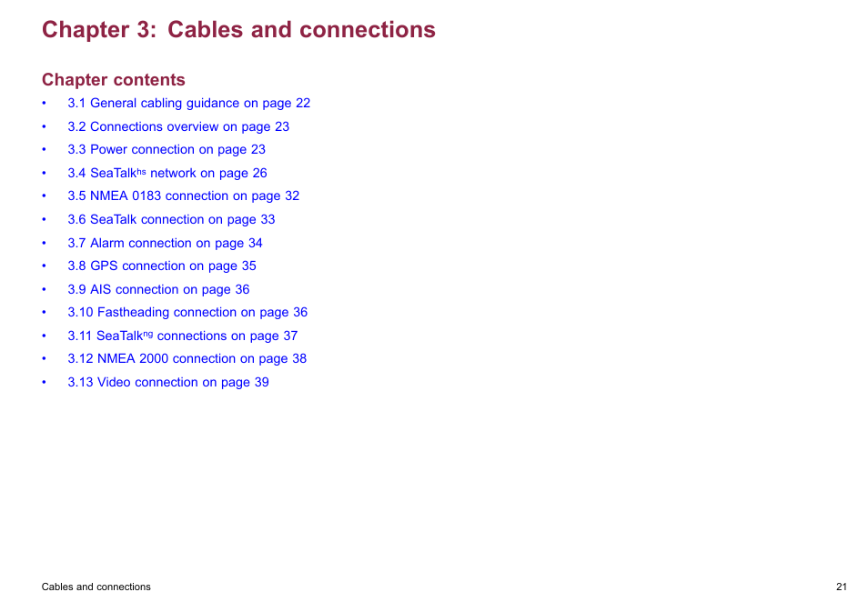 Chapter 3 cables and connections, Chapter 3: cables and connections, Chapter contents | Raymarine C90w User Manual | Page 21 / 92