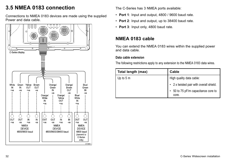 5 nmea 0183 connection, Nmea 0183 cable | Raymarine C90w User Manual | Page 32 / 92