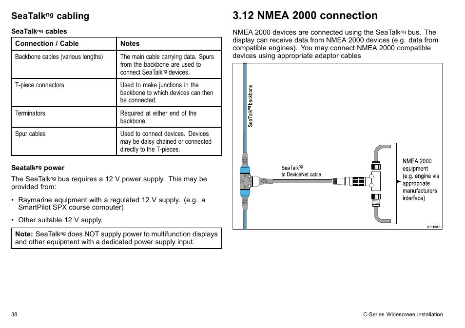 12 nmea 2000 connection, Seatalk, Cabling | Raymarine C90w User Manual | Page 38 / 92