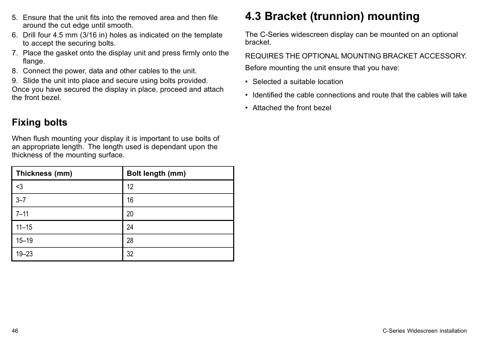 3 bracket (trunnion) mounting, Fixing bolts | Raymarine C90w User Manual | Page 46 / 92